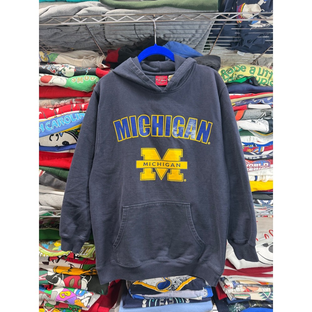 Vintage 90s Michigan Wolverines Hoodie Mens Large Navy Blue Pullover Sweatshirt
